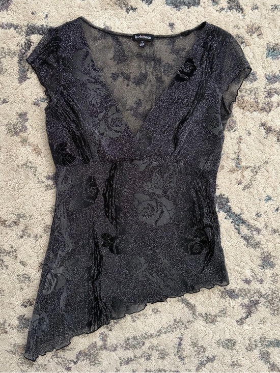 le chateau Tops - Vintage Mesh Le Chateau Whimsygoth Sparkle Asymmetrical Floral Top